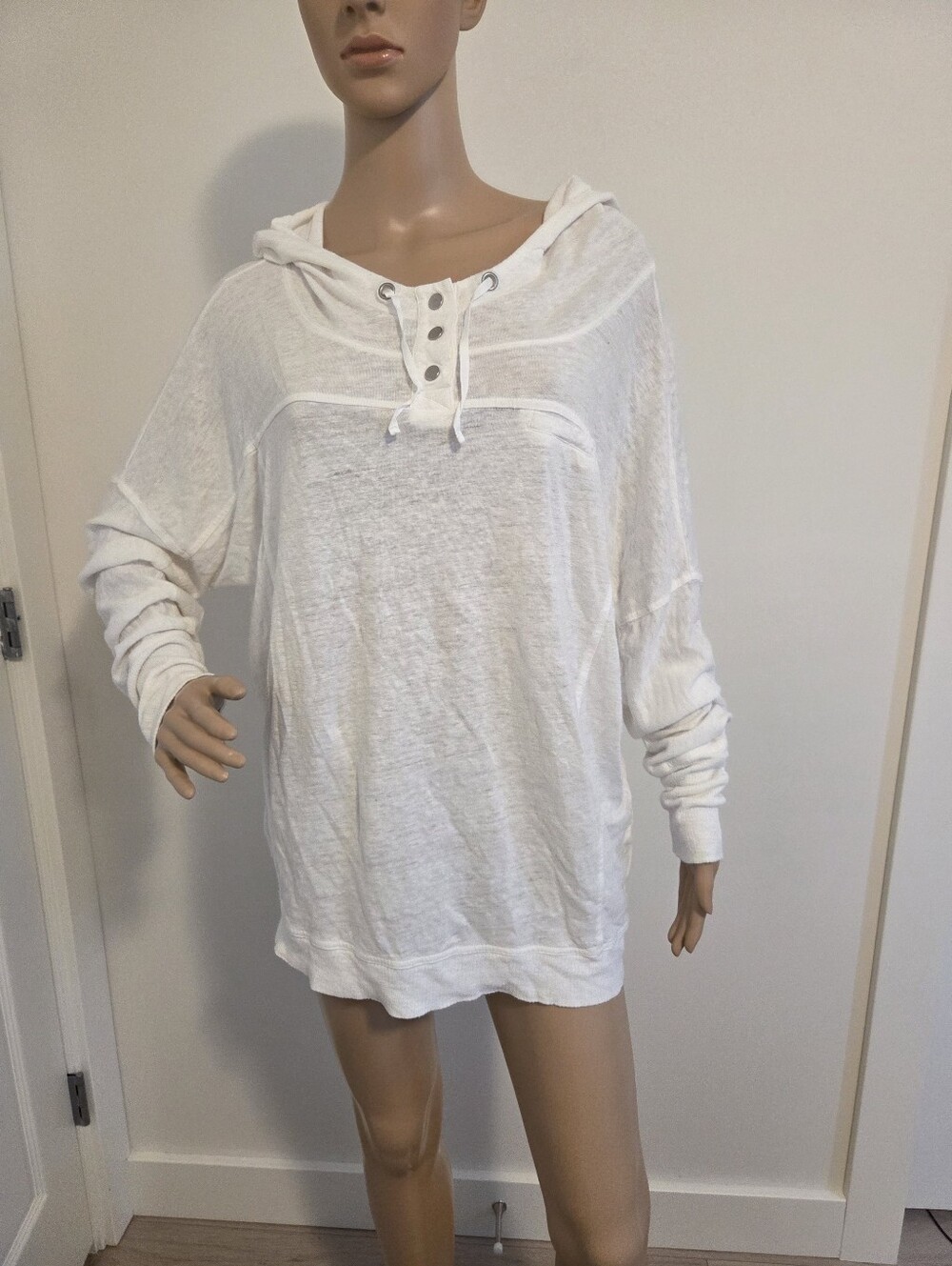 Eileen Fisher White Linen Slub Knit Snap Button Hoodie